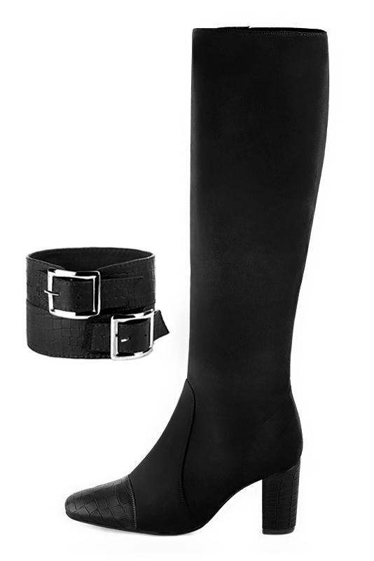 Satin black women's calf bracelets, to wear over boots. Top view - Florence KOOIJMAN